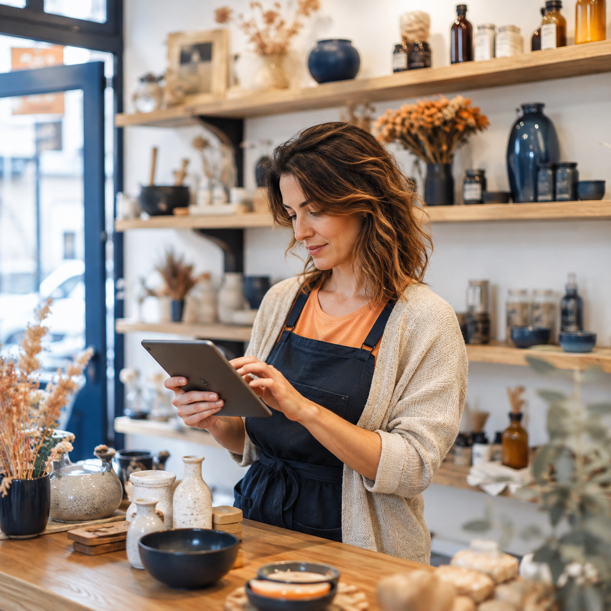 Commerçante utilisant une tablette dans sa boutique